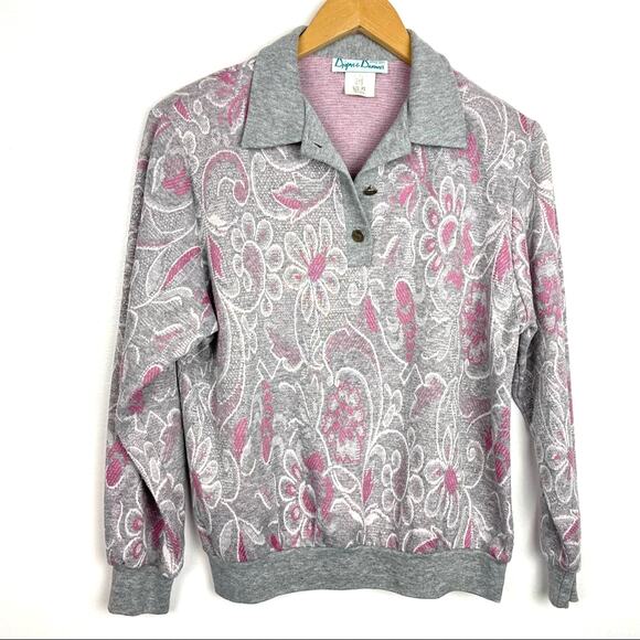 Vintage Pink & Metallic Silver Sweatshirt 80s Floral Pullover - Picture 1 of 8